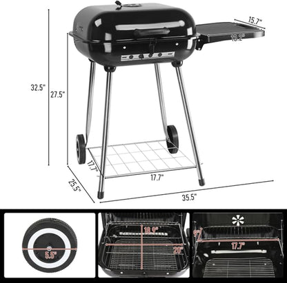 28" Portable Charcoal Grill with Wheels and Foldable Side Shelf, Large BBQ Smoker with Adjustable Vents on Lid for Outdoor Party Camping Picnic
