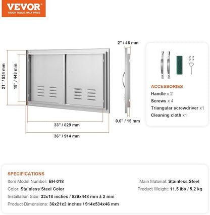 VEVOR Outdoor Kitchen BBQ Access Door,36W x 21H inches Double Vertical Stainless Steel Door with Handles and Vents, for BBQ Island, Grilling Station