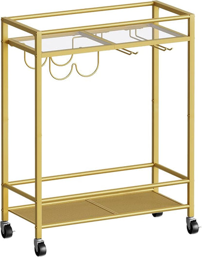 MAHANCRIS Gold Bar Cart, Beverage Cart with Wheels, Bar Cart for The Home, 2-Tier Drink Cart with Wine Rack and Glass Holder, Kitchen, Dining Room, Gold RCJ63B01ZN1