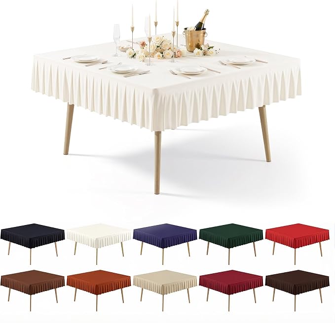 PARTISKY Ivory Square Tablecloth 54x54 Inches, Spandex Fitted Square Table Cloth Wrinkle Free Card Table Cover with Pleated Ruffle Skirt for Kitchen Dining,Buffet Holiday Parties,Wedding Celebration
