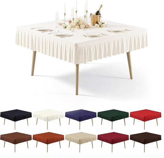 PARTISKY Ivory Square Tablecloth 54x54 Inches, Spandex Fitted Square Table Cloth Wrinkle Free Card Table Cover with Pleated Ruffle Skirt for Kitchen Dining,Buffet Holiday Parties,Wedding Celebration