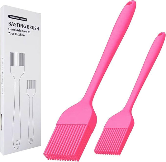 Silicone Basting Brush 2 Pcs Pastry Brush for Oil, BBQ, Grill, Sauce Baking Cooking, Dishwasher Safe (Pink)