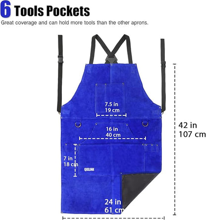 QeeLink Leather Welding Apron with 6 Pockets - Heat & Flame-Resistant Apron, 24'' X 42'', Adjustable M to XXXL (Blue)