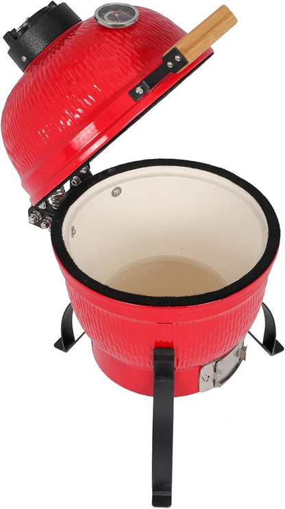 Portable Ceramic Charcoal Grill,13 Inch Outdoor BBQ Egg Grills with Built-in Thermometer, Multifunctional Ceramic Barbecue Grill, Egg Outdoor Kitchen Style (Red)