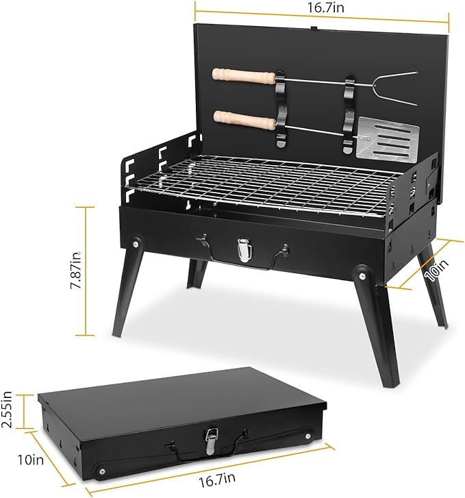 KOCASO Portable Charcoal Grill, Foldable BBQ Suitcase Grill Shelf for Outdoor Camping Picnics Garden Grilling – 16.7x10x17.7 in