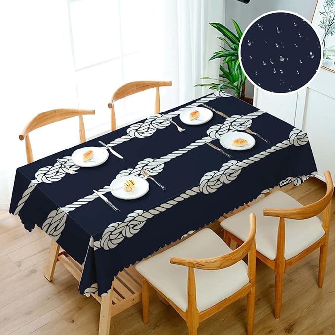 Swono Nautical Rope Table Covers 52x70 Inch Marine Rope White Loop Knots Wipeable Tablecloth Kitchen Dinning Tabletop Decoration, Navy Blue Table Cloth for Outdoor and Indoor Use