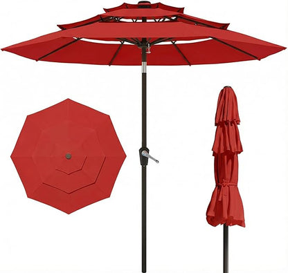 PatioKingdom 9ft 3-Tier Patio Market Umbrella with Crank/Tilt, Commercial Heavy Duty Wind Proof,Outdoor Table Umbrella with 8 Fiberglass Ribs,UPF50+ for Deck,Pool,Garden,Backyard (Red)