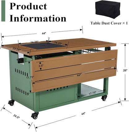 Outdoor Propane Fire Pit Table 44" with Lid & Wheels, Multifunctional Patio Fire Table with Storage Shelf, Steel Gas Firepit Dining Table for Backyard, Garden, Deck, Green