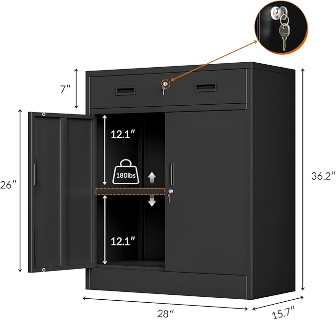 CJF Pantry Cabinet with 1 Drawer, Metal Pantry Storage Cabinets with Doors and 2 Adjustable Shelves, 36" H Locking Cabinet for Kitchen Storage, Home, Garage, Utility Room and Basement, Black