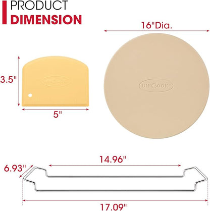 Unicook 16 Inch Round Pizza Stone for Oven and Grill, Comes with Carry Rack | Heat Resistant to 1450 ℉, Even Heating and Consistent Heat Retention, Crispy Crust for Fresh & Frozen Pizzas, Bread, Cookies