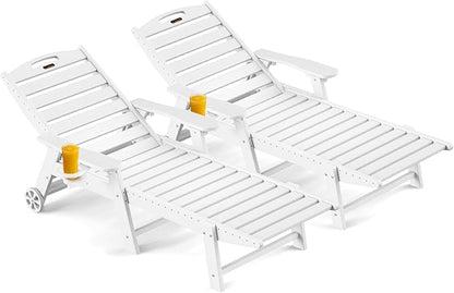 Ciokea Outdoor Chaise Lounge Chair Set of 2, Patio Lounge Chairs for Outside, HDPE Lounge Chairs with Wheels & Cup Holder, Poly Lounge Chair with 5 Position for Poolside, Deck, White