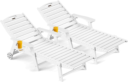 Ciokea Outdoor Chaise Lounge Chair Set of 2, Patio Lounge Chairs for Outside, HDPE Lounge Chairs with Wheels & Cup Holder, Poly Lounge Chair with 5 Position for Poolside, Deck, White