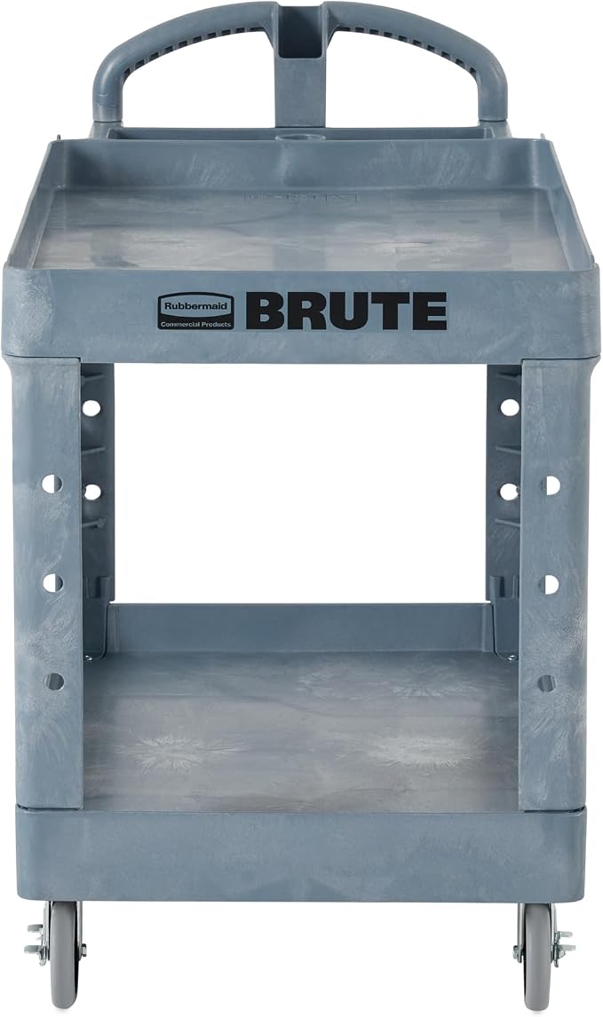 Rubbermaid Commercial Products BRUTE Heavy Duty 2-Shelf Utility/Service Cart, Medium, Lipped Shelves, Ergonomic Handle, 500 lbs. Capacity, Gray, for Warehouse/Garage/Cleaning/Maintenance/Stadiums