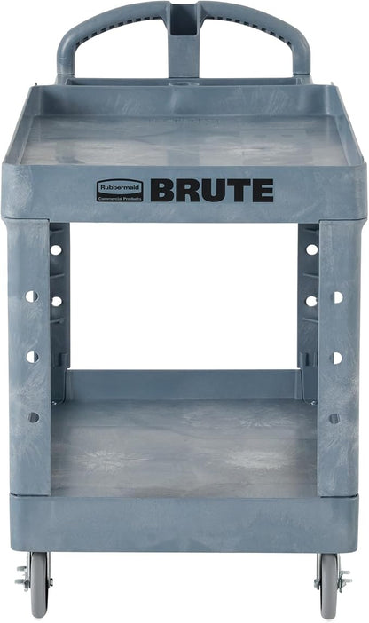 Rubbermaid Commercial Products BRUTE Heavy Duty 2-Shelf Utility/Service Cart, Medium, Lipped Shelves, Ergonomic Handle, 500 lbs. Capacity, Gray, for Warehouse/Garage/Cleaning/Maintenance/Stadiums
