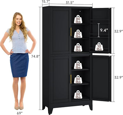 PAOFIN 75" H Metal Storage Cabinet, Pantry with 6 Door Shelves and 4 Adjustable Shelves, Leveling Foot for Kitchen, Living Room and Dinning Room, Black
