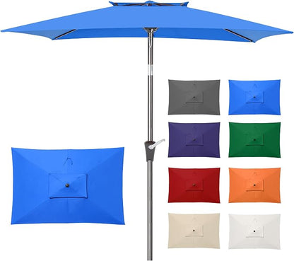 6.6 x 10 ft Rectangular Patio Umbrella, Outdoor Market Table Umbrella with Push Button Tilt and Crank, Double-Tier Vent, 6 Ribs, Rectangle Patio Umbrella for Backyard, Deck, Pool, Fits 4–6 Chairs and Tables (Blue)
