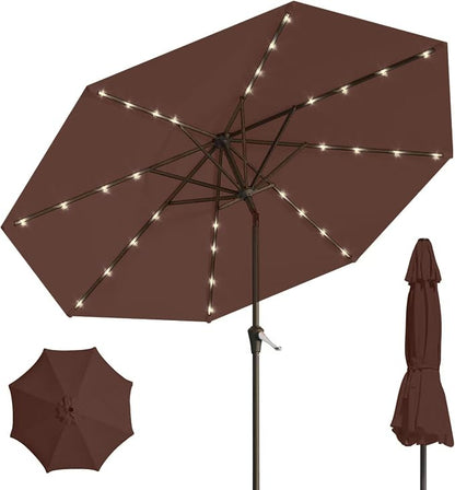 9' Solar LED Patio Umbrella with Tilt & Crank|8 Sturdy Ribs,UV Protection,Outdoor Market Table Umbrella for Deck,Lawn,Pool,Backyard(Brown)