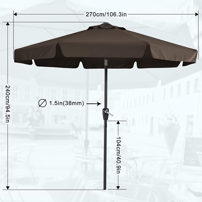 MASTERCANOPY 9ft Patio Umbrella with Valance, Crank & Tilt, Brown | 8 ribs, UV/fade-resist, waterproof, vent, for garden/deck/yard/pool