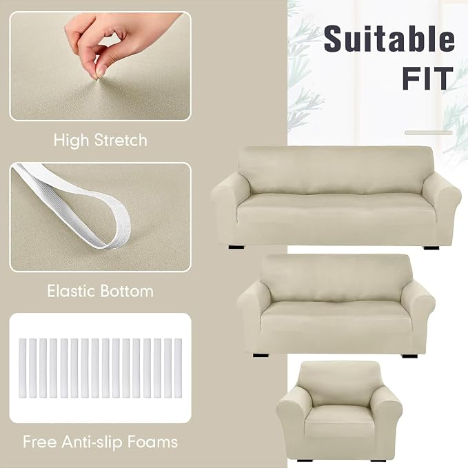 Peryiter 3 Pcs Couch and Loveseat Sofa Covers,Beige,Milk Silk | Armchair Covers for Living Room, Sofa Cushion Slipcover, Furniture Protector, Polyester and Spandex, Washable