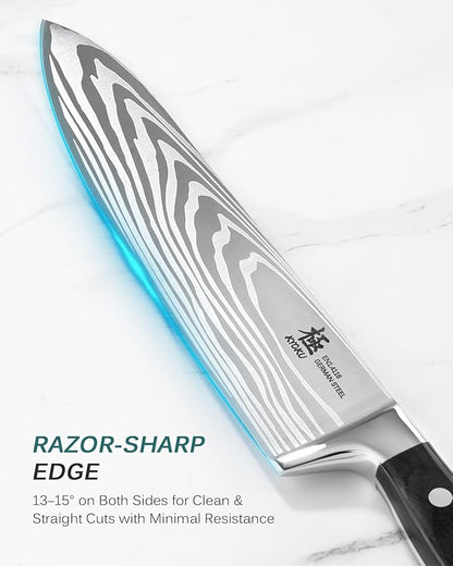 KYOKU 8" Chef Knife, Samurai Series Japanese Style Chef's Knife with Sharpening Stone, High Carbon Steel Kitchen Knife with Pakkawood Handle Mosaic Pin Gift Box for Meat Vegetable Fruit Chopping