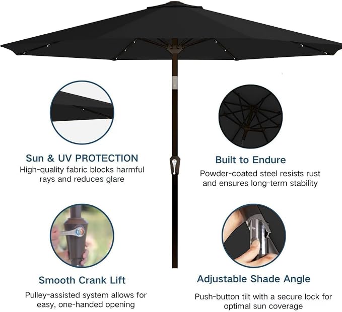 9' Solar LED Patio Umbrella with Tilt & Crank|8 Sturdy Ribs,UV Protection,Outdoor Market Table Umbrella for Deck,Lawn,Pool,Backyard(Black)