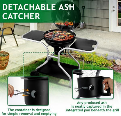 Black Charcoal Grills with Table, Portable BBQ Grill for Outdoor Camping, Barbecue Grill with Cover, Kettle Grill for Outdoor Cooking Family Party