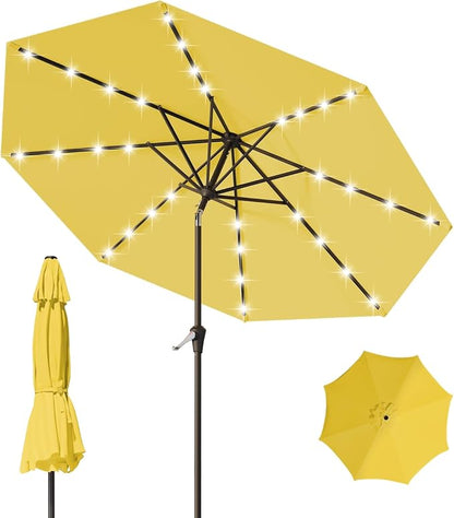 9FT Patio Umbrella with Solar Lights,Outdoor Market Umbrella with Tilt and Crank, LED Lighted Table Umbrella for Garden,Deck,Backyard,Pool,Beach (Yellow)