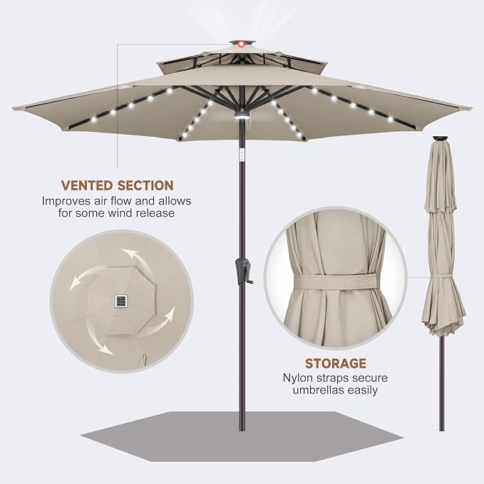 Solar Patio Umbrella Outdoor with Centre Light, 9 ft Taupe | 2 Tiers, 40 LED Lights, UV Protection, Solar Outdoor Umbrella for Porch, Deck, Pool, Garden, Provides Evening Lighting