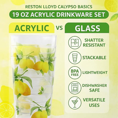 Reston Lloyd Calypso Basics Fresh Lemons 19 oz Acrylic Drinkware Set of 6 – BPA-Free, Indoor/Outdoor, Dishwasher Safe, Lemons with Bees