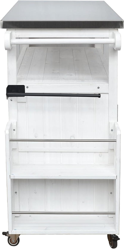 JIVOIT Outdoor Fir Wood Kitchen Island with Foldable Stainless Steel Top, Patio Mobile Kitchen Cart Portable Outdoor Cooking Island with Lockable Wheels, Storage Cabinet and Towel Rack (White/124)