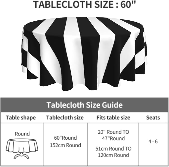 Sweetshow Black and White Stripes Tablecloth Round 60 Inch,Geometric Line Polyester Circle Table Cloth,Wrinkle Stain Resistant Washable Table Cover for Kitchen Dining Room Holiday Party Picnic Patio