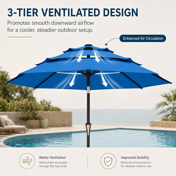10ft Patio Umbrella, 3-Tier Vented Outdoor Table Umbrella with 8 Sturdy Fiberglass Ribs, Windproof Market Umbrella with Push Button Tilt and Crank, UV Protection for Deck, Pool, Royal Blue