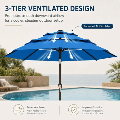10ft Patio Umbrella, 3-Tier Vented Outdoor Table Umbrella with 8 Sturdy Fiberglass Ribs, Windproof Market Umbrella with Push Button Tilt and Crank, UV Protection for Deck, Pool, Royal Blue