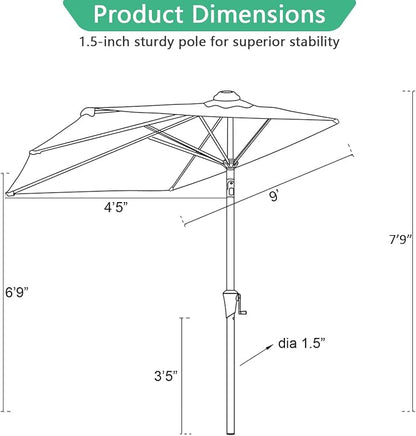Helios&Hestia 9 ft Small Half Round Wall Outdoor Market Patio Umbrella with Tilt and Crank for Garden, Deck, Balcony