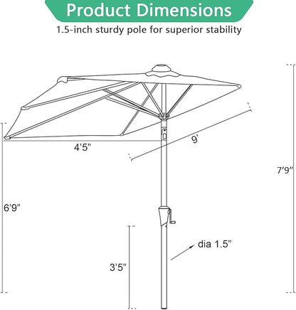 Helios&Hestia 9 ft Small Half Round Solar Powered Wall Outdoor Market Patio Umbrella with LED Lights and Tilt for Garden, Deck, Balcony