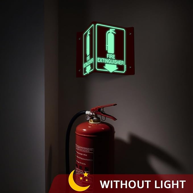 T&R Fire Extinguisher Sign, Fire Extinguisher with Down Arrow - 4 Pack - 8 x 6 Inches Glow-In-The-Dark Acrylic, 4 pre-drilled holes, Includes Matching Screws, Use for Home Office/Business