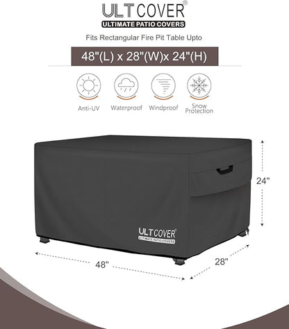 ULTCOVER Rectangular Gas Fire Pit Table Cover 48x28 inch Waterproof Heavy Duty Firepit Cover, Black