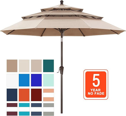 ABCCANOPY 9FT 3-Tier OLEFIN® Patio Umbrella, 5-Year No Fading, Light Beige | Heavy Duty Fade-Resistance Outdoor Table Umbrella, 8 Sturdy Ribs, Tilt, Crank for Deck, Backyard, Garden, Yard, Pool
