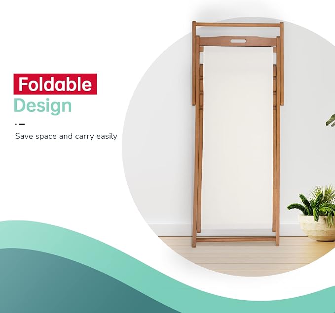 FDW Beach Sling Patio Chair for Relaxing, Foldable with Adjustable Height Made from Eucalyptus Wood with White Polyester,Khaki