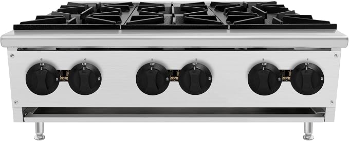Commercial Hot Plate,Countertop Restaurant Kitchen Stove,NG LP Convertible Supply,Independent Controls,Cast Iron Grates,Standing Pilot Ignition,Adjustable Legs,Removable Waste Tray (Silver,6 Burner)