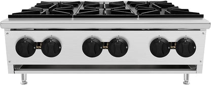 Commercial Hot Plate,Countertop Restaurant Kitchen Stove,NG LP Convertible Supply,Independent Controls,Cast Iron Grates,Standing Pilot Ignition,Adjustable Legs,Removable Waste Tray (Silver,6 Burner)