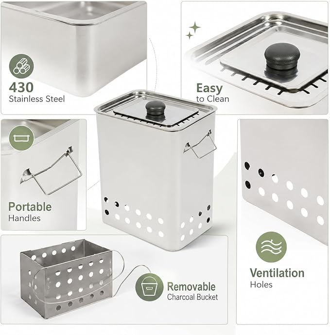 Smokeless Barbecue Charcoal Barrel Grill, Stainless Steel Surround Charcoal BBQ Grill Barrel for 26 Skewers, 360° Smokeless Charcoal Hanging Grill for Beaches Travel Camping Grill Picnic Patio