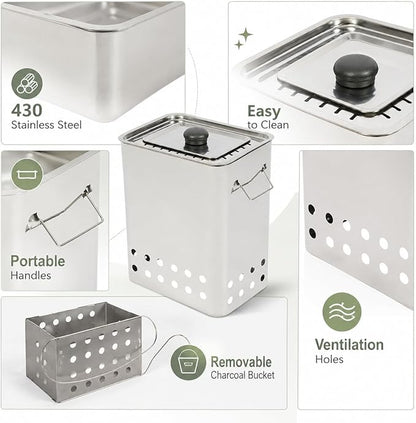 Smokeless Barbecue Charcoal Barrel Grill, Stainless Steel Surround Charcoal BBQ Grill Barrel for 26 Skewers, 360° Smokeless Charcoal Hanging Grill for Beaches Travel Camping Grill Picnic Patio