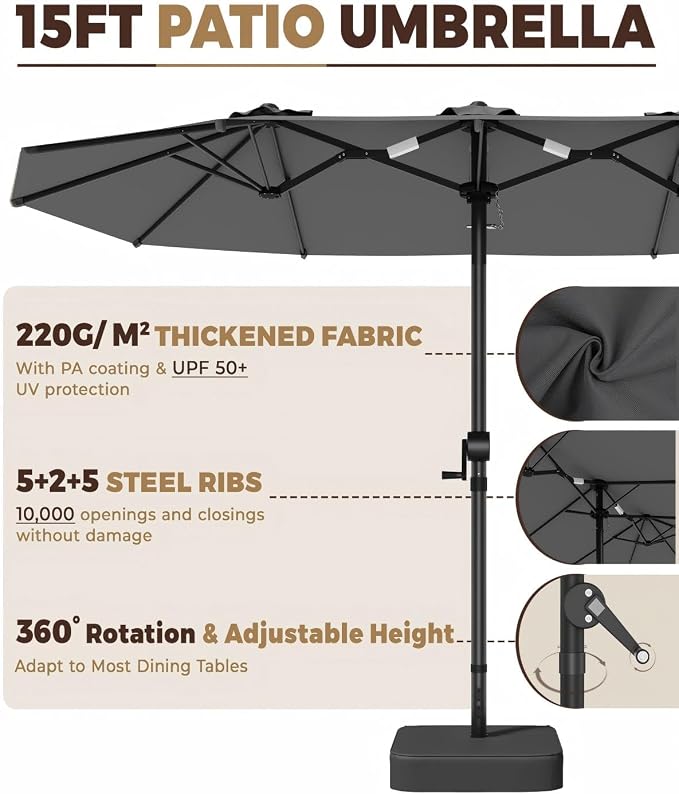 GDPFN 15FT Large Patio Umbrella with Base Included, Outdoor Deck Standing Umbrella with Crank Handle, Double-Side Rectangular Pool Umbrella for Outside, Market, Patio, Dark Gray