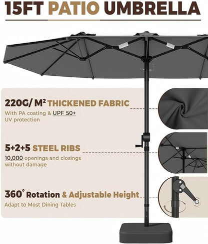 GDPFN 15FT Large Patio Umbrella with Base Included, Outdoor Deck Standing Umbrella with Crank Handle, Double-Side Rectangular Pool Umbrella for Outside, Market, Patio, Dark Gray