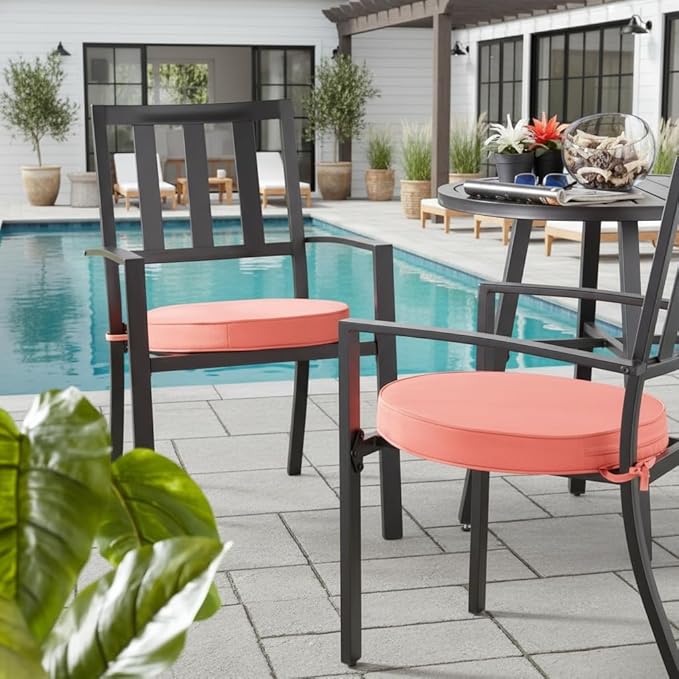 Set of 2 Outdoor 18 inch Round Patio Dining Chair Pads – Comfortable Fiber-Filled Seat Cushions with Ties, Reversible Polyester Fabric - Coral