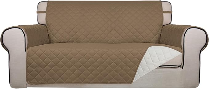 PureFit Reversible Quilted Couch Covers for Dogs Loveseat Sofa Cover 54" | Camel/Ivory, Water Resistant Couch Protector, Washable Pet Couch Cover with Non Slip and Elastic Straps For Kids