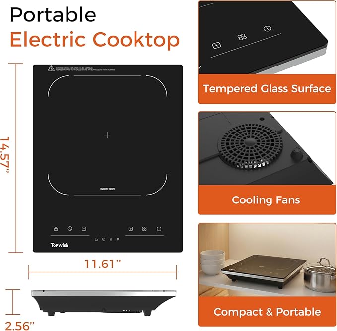 Topwish Single Burner Electric Stove, 110V-120V Portable Induction Cooktop, 1600W Countertop Stove Top Burner Hot Plate with with 10 Temp Levels, LED Display, Child Safety Lock, Timer & Auto-Shut-Off