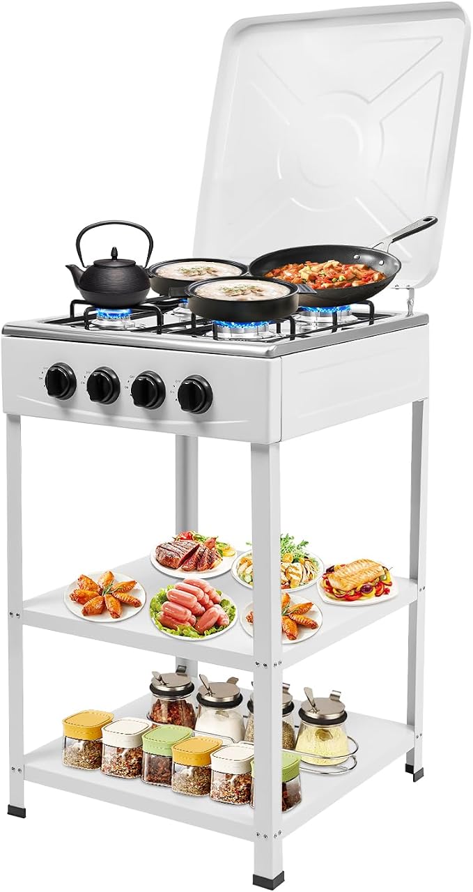 Propane Gas Powered Stove, 4 Propane Burners Outdoor Stove with 4 Control Knobs for Cooking, Portable Freestanding Camping Stove for Stir-fry, Camping, Fishing, Travel