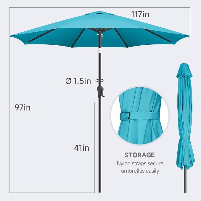 FLAME&SHADE Patio Umbrella Outdoor with Push Button Tilt, 10 ft Aqua Blue | UV Protection, Waterproof, 8 Sturdy Ribs, Porch Deck Umbrella for Pool, Table, Garden, Backyard, Provides Shade